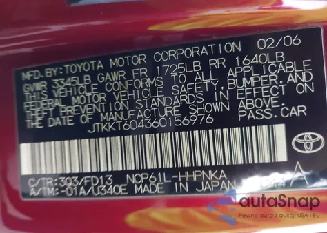 2006 Scion Xa from USA, damaged, VIN JTKKT604360156976